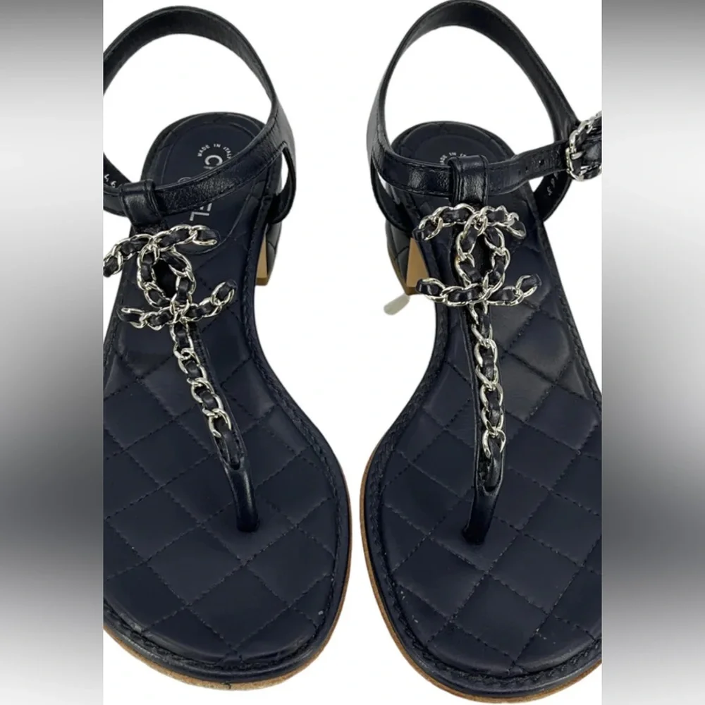 RARE BLUE ❤️CHANEL LOGO Sandals GOLD Chain Accent